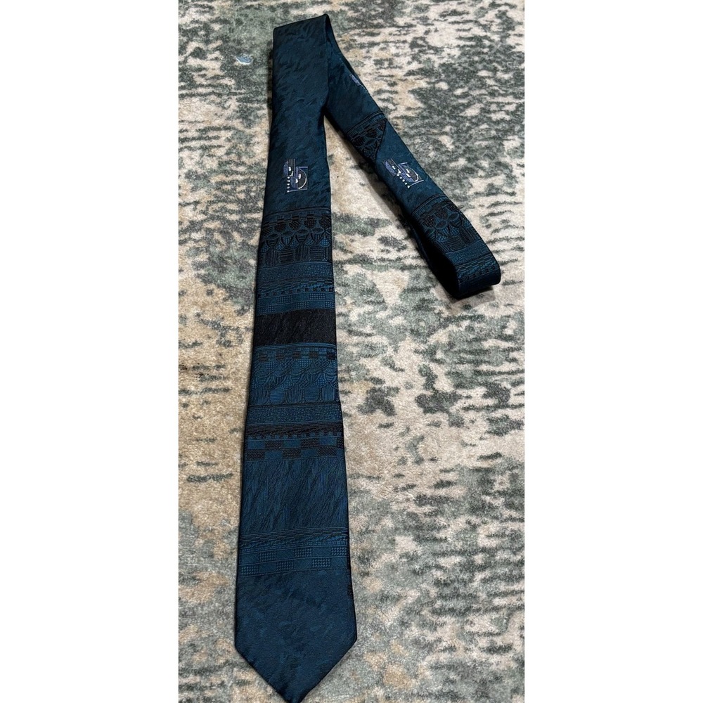Vintage 90s City Streets Teal Geometric Panel Silk Blend Necktie Made In USA
